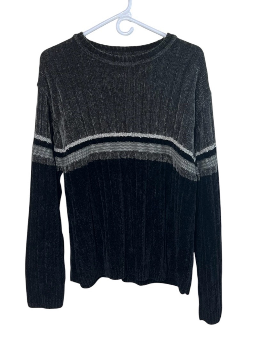 Y2K Falls Creek Men’s Large Chenille Striped Colorblock Sweater Grey Black